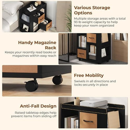 Yaheetech Narrow End Table Storage Drawer Rolling Shelves, Black | Open Shelves | Magazine Rack | Rolling Wheels | Wooden Construction | Living Room & Bedroom - color: Black