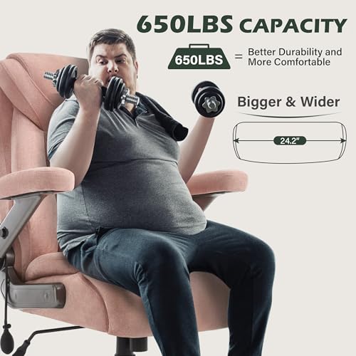 650lbs Big and Tall Office Chair with Thick Spring Cushion,5D Flip Arm Ergonomic Executive Office Chair Adjustable Lumbar Airbag&Extra Wide,Comfy Large Padded Heavy Duty Game Chair,Pinkcloth - color: Pinkcloth