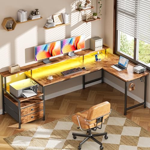 Korfile 66'' L Shaped Computer Desk with Storage Drawers, Power Outlet, LED - color: Rustic Brown, size: Large: 66 inches