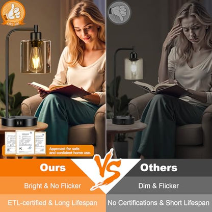 Set of 2 Industrial Touch Control Table Lamps with 2 USB Ports and AC Outlet - 3-Way Dimmable Black Bedside Lamp Nightstand Desk Lamps for Bedroom Living Room, Amber Glass Shade & 2 LED Bulbs Included - color: Black(2 pack)-Amber Glass-Touch Control