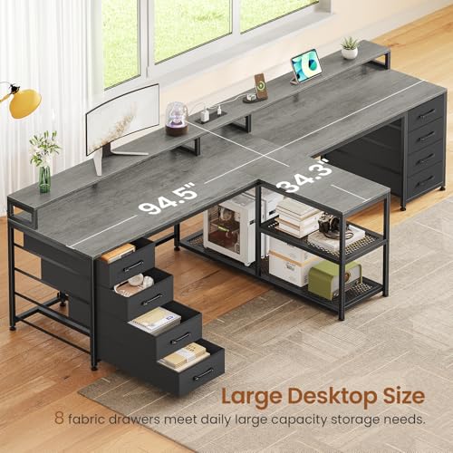 SEDETA 94.5" 2 Person Gaming Desk with 8 Drawers & Storage Shelves, Grey | Double T Shaped Office Desk with LED Lights, Power Strip with USB & Monitor Stand for Home Office, Bedroom - color: Grey