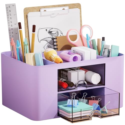 Marbrasse Pen Organizer with 2 Drawer, Multi-Functional Pencil Holder for Desk, Desk Organizers and Accessories with 5 Compartments + Drawer for Office Art Supplies (Purple) - color: Purple