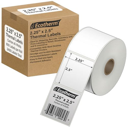 2.25" x 2.5" Thermal Labels | 4 Rolls | 2400 Labels | fits Zebra, Munbyn, Rollo, Godex, Arkscan, iDPRT, Offnova Thermal Label Printers and More | Blank White Adhesive Stickers by Ecotherm - size: 2.25 x 2.5 - 2400 Labels