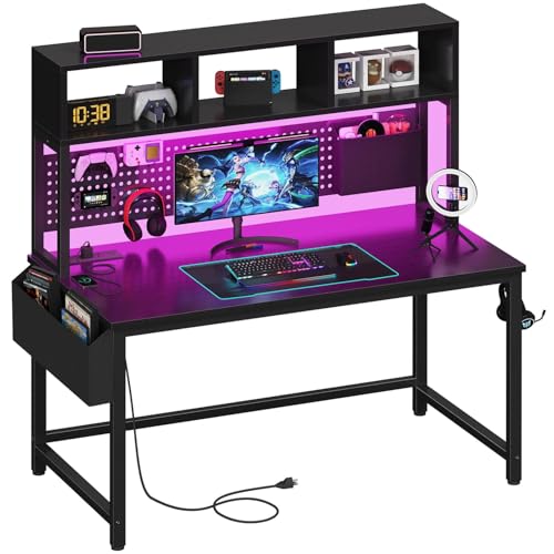 DLisiting Black Gaming Desk with Hutch and Pegboard - 47 Inch Gaming Desk with Shelves Storage Power Outlets, Computer Teen Work Study Writing Desks for Bedroom Home Office - color: Black