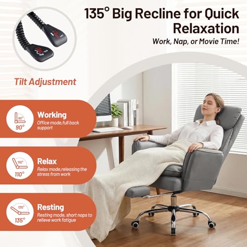 Big and Tall Office Chair, Executive Reclining Computer Gaming Chair with Foot Rest, Flip Armrest & Lumbar Pillow, Thicken Wider Seat for Criss Cross Legged Sitting, Desk Chair, PU, Grey - color: Grey