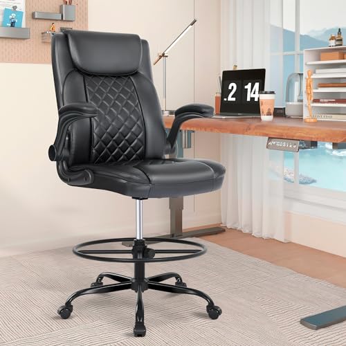 Misolant Drafting Chair with Footrest Ring, Tall Office Chair for Standing Desk, PU Faux Leather Bar Counter Height Chairs with Adjustable Height, 360° Swivel Wheels for Garage Office, Black - color: Black