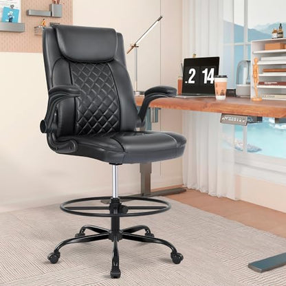 Misolant Drafting Chair with Footrest Ring, Tall Office Chair for Standing Desk, PU Faux Leather Bar Counter Height Chairs with Adjustable Height, 360° Swivel Wheels for Garage Office, Black - color: Black