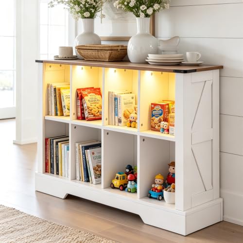 8 Cube Storage Organizer with LED Lights, Wood Bookshelf, Horizontal Display Cabinet Cubby Shelf for Living Room, Kids - color: White, size: 8