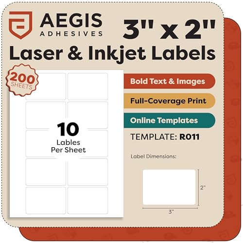 3x2 Labels Printable, Blank Paper Stickers, Clear White Inkjet Laser Label | Ivory Rectangle Mailing Labels for Printer, Envelopes, Bottles-Aegis Adhesives Template R011 (200 Sheets, 2000 Stickers)
