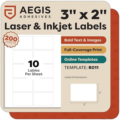 3x2 Labels Printable, Blank Paper Stickers, Clear White Inkjet Laser Label | Ivory Rectangle Mailing Labels for Printer, Envelopes, Bottles-Aegis Adhesives Template R011 (200 Sheets, 2000 Stickers)