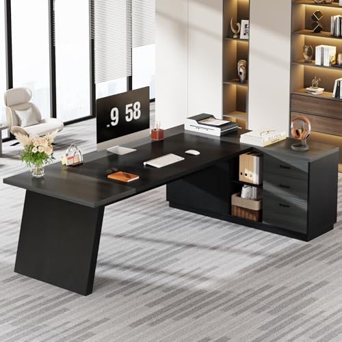 Tribesigns L-Shaped Executive Desk, 78-Inch Modern Office Desk with Drawers and Lateral File Cabinet, Large Bussiness Furniture with Storage Shelves, Workstation for Home Office (Grey + Black) - color: Grey + Black