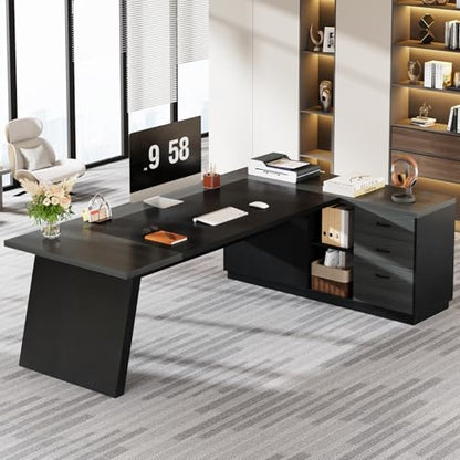 Tribesigns L-Shaped Executive Desk, 78-Inch Modern Office Desk with Drawers and Lateral File Cabinet, Large Bussiness Furniture with Storage Shelves, Workstation for Home Office (Grey + Black) - color: Grey + Black
