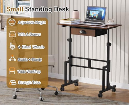 Adjustable Height Standing Desk With Drawer, Rolling Sit Stand Up Desk With Wheels, Small Sit To Stand Computer Desk, Adjustable Desktop Height, On Wheels, Brown, For Walking Pad Laptop Treadmill - color: Brown