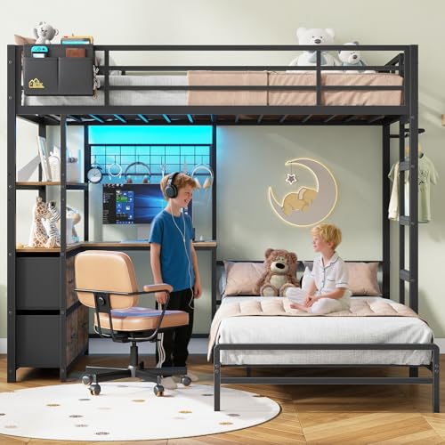 DICTAC Bunk Bed with L-Shaped Desk,5 Storage Drawers and 2 Shelves Metal Twin XL Over Twin Bunk Bed with LED Lights and Charging Station,bunk Beds with Safety Guardrail & Ladder,Space-Saving,Black - color: Black, size: Twin XL Over Twin