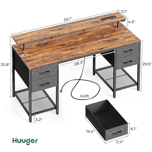Huuger 55 inch Computer Desk with Power Outlets & 4 Drawers - color: Rustic Brown, size: 55 Inch