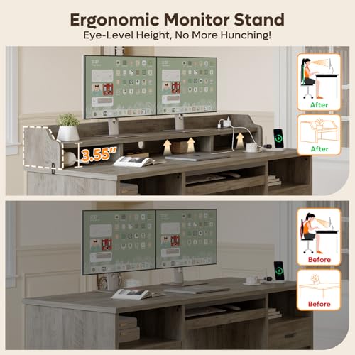 Bestier 59" Executive Desk with Charging Station & Monitor Stand, Grey - color: Grey