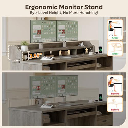 Bestier 59" Executive Desk with Charging Station & Monitor Stand, Grey - color: Grey