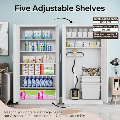 71"H Metal Storage Cabinet with Lock, White Garage Cabinets with 2 Doors and 5 Adjustable Shelves, Steel Locking Caninets Tall Tool Utility Caninet, Lockable File Cabnet for Home Office, Pantry
