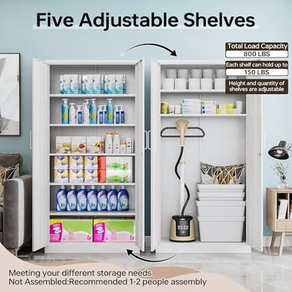 71"H Metal Storage Cabinet with Lock, White Garage Cabinets with 2 Doors and 5 Adjustable Shelves, Steel Locking Caninets Tall Tool Utility Caninet, Lockable File Cabnet for Home Office, Pantry