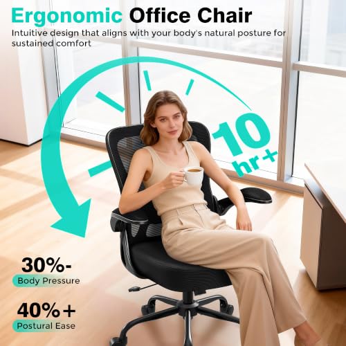 AreShark Office Chair - Ergonomic Breathable Mesh Desk Chair with Adjustable Lumbar Support and Flip-up Armrests - Executive High Back Rolling Swivel Comfortable Computer Gaming Chair for Home Office - color: Black