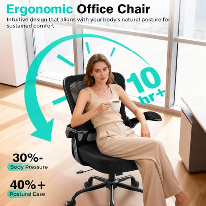 AreShark Office Chair - Ergonomic Breathable Mesh Desk Chair with Adjustable Lumbar Support and Flip-up Armrests - Executive High Back Rolling Swivel Comfortable Computer Gaming Chair for Home Office - color: Black