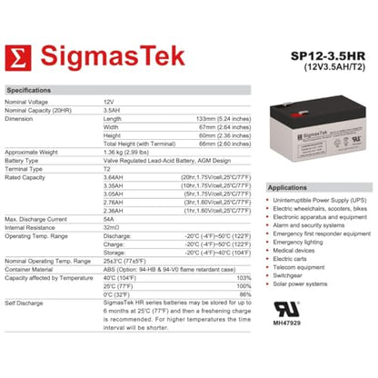 APC BE350G Compatible UPS Battery, 12V 3.5Ah T2 by SigmasTek SP12-3.5HR (T2)