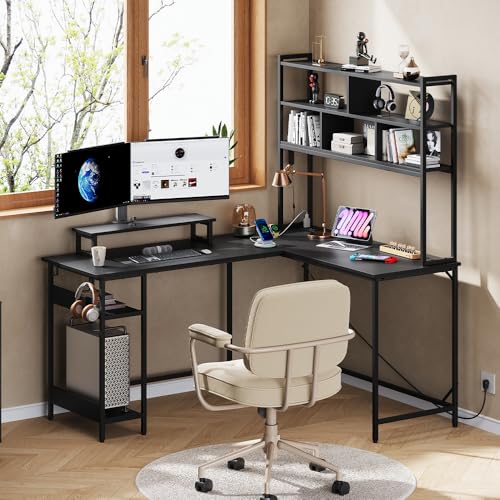 DEVAISE 60 Inch L Shaped Gaming Desk with Drawers and Storage, Corner Desk with LED Lights, Power Outlets, Computer Desk with Monitor Stand, Office Desk for Home, with Hutch, Black - color: Black, size: 60 Inch with Hutch
