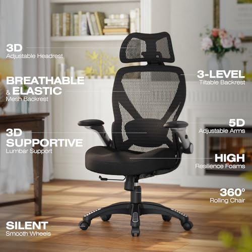 ELABEST X100 Ergonomic Mesh Office Chair with Footrest, Big and Tall Home Desk Chair with 5D Flip-Up Arms, Adjustable 3D Lumbar Support, Gaming & Executive Computer Chair (Midnight Cloud-No Footrest) - color: Midnight Cloud-no Footrest
