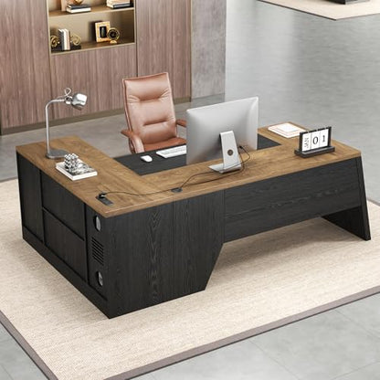 L-Shaped Executive Desk with Drawer, Oak Black | 78Inch Large Home Office Desk, Large Modern Home Office Desk, Big Wooden Business Furniture for CEO Boss - color: Oak