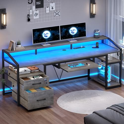 SEDETA 63" Computer Desk, Office Desk with Lockable Drawers for Legal/Letter File, Gaming Desk with LED Lights & Power Outlet, Home Office Desks with Storage, Grey - color: Grey, size: 63"