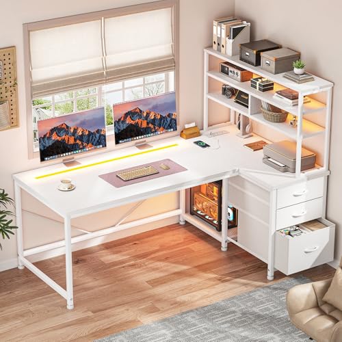 DurayLoly 55''White Desk with 3 Drawers & Shelf, LED, Outlet for Bedroom | 3 Silent Fabric Drawers,3 Tier Shelf, Raised PC stand, Storing Books or Crafts,Store More Items - color: White, size: 18.9"D x 55.1"W x 59"H