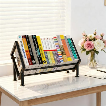 Expandable Desktop Bookshelf Organizer, Metal Small Tabletop Book Rack (1, Black-1) - color: Black-1