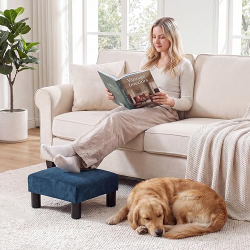 Joveco Small Foot Rest Stool Ottoman, 15" Fabric Square Short Low Footstool Upholstered Footrest for Chair, Under Office Desk, Living Room, Navy Blue - color: Navy Blue