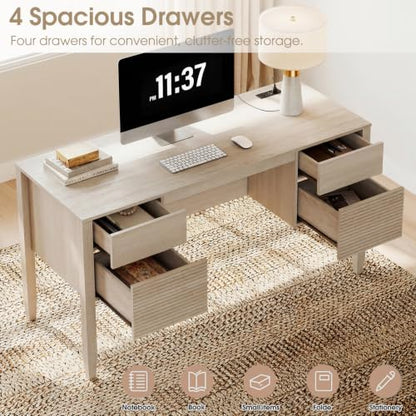 WAMPAT Fluted Executive Desk with Drawers, 58" Modern Home Office Computer Desk with Charging Station, Storage Shelves, Wooden Writing Desk for Home Office, Work Study Writing, Beige - color: Beige