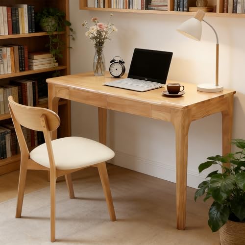 KEIKI Solid Wood Writing Desk with Drawers, 47" Computer Desk for Home Office Work, Study, Natural - color: Natural