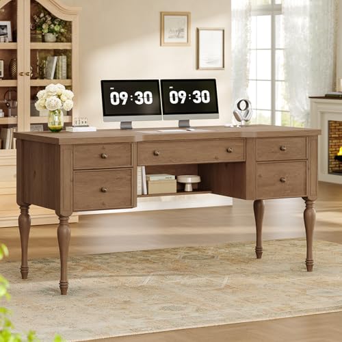 59in Wood Executive Desk with Solid Wood Legs & Keyboard Tray, Brown - color: Brown-1, size: Solid Wood Legs