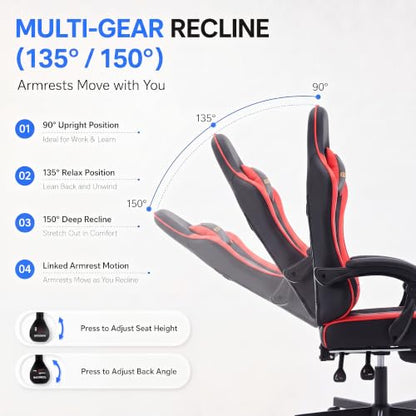 Desk Computer Gaming Chair - High Back Ergonomic Office Chair with Footrest and Lumbar Support, Swivel Comfy Home Gamer Video Game Chairs with Pocket Spring Cushion for Adults (Red Leather) - color: Classic Red Leather