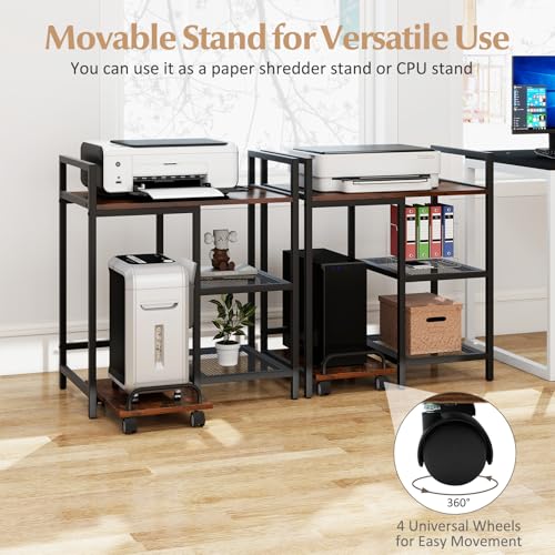 Giantex 3-Tier Printer Stand with Charging Station, 2 Open Storage Shelves, Side PC Stand on Wheels, 25" x 16" Mobile Printer Table for Computer Tower, Printer Shredder, Fax, Under Desk, Home Office - color: Rustic Brown & Black