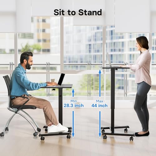 BONTEC Mobile Standing Desk Adjustable Height,Rolling Laptop Cart with Hook - color: Black, size: 25.6" x 17.7"