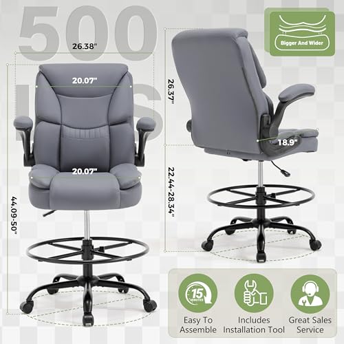 500LBS Drafting Chair, High Back Safer Standing Desk Chair, Executive Tall Office Chair with Flip-up Armrests, Upholstered PU Leather Task Chair, Ergonomic Seat with Adjustable Height&Foot Ring, Grey - color: Grey