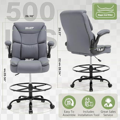 500LBS Drafting Chair, High Back Safer Standing Desk Chair, Executive Tall Office Chair with Flip-up Armrests, Upholstered PU Leather Task Chair, Ergonomic Seat with Adjustable Height&Foot Ring, Grey - color: Grey