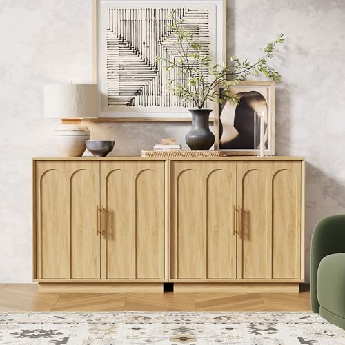 FORTUNETEC 31.5" Sideboard Buffet Cabinet with Storage, Oak, 2Pcs | Modern Modular Media Console, Boho Credenza with Arched Doors, Accent Cabinet for Living Room Kitchen Dining Room Entryway - color: Oak, size: 2