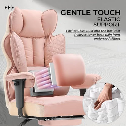 GTPLAYER Big and Tall Gaming Chair 400lbs Heavy Duty Office Chair with Foot Rest & Ergonomic Pocket Spring Lumbar Support, High Back 3D Saddle Shaped Cushion for Back Pain Relief, Pink - color: Pink
