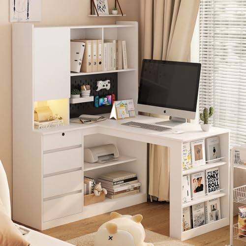 KEIKI L Shaped Home Office Desks with LED Light, Pegboard, Hutch, Drawers, Bookshelf & Storage Shelves, Modern Wooden Gaming Computer Corner Table for Work, Study, Writing - color: White, size: Medium and Left Shelf