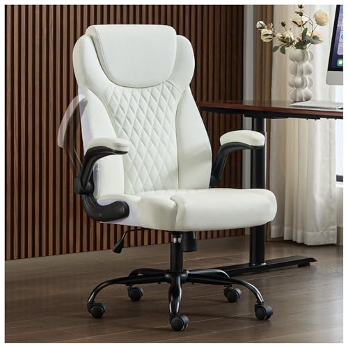 amseatec Big and Tall Office Chair, Flip-Up, Executive Desk Chair, White | Ergonomic Leather High Back, Lumbar Support, 90 °Lock, 115° Tilt, 20 Spring Packs, 300lbs Capacity, Wide Seat/Smooth Casters - color: White