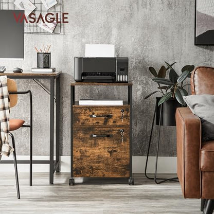 VASAGLE 2 Drawer File Cabinet with Lock, Rolling Printer Stand - color: Rustic Brown + Ink Black, style: with Lock and Fences