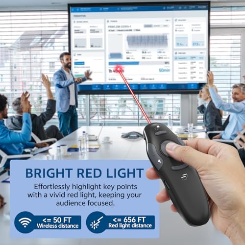Presentation Clicker for PowerPoint, Rechargeable with 2-in-1 USB-A & USB-C | 2-in-1 USB-A & USB-C Receiver, Plug & Play, 50FT Range, Page Up/Down, Full/Black Screen, Mac & Windows Compatible - style: Red Light-Rechargeable