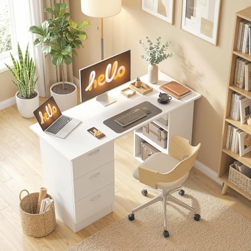 HOMCOM Computer Desk with Drawers, 47" Home Office Desk with Storage, White - color: White