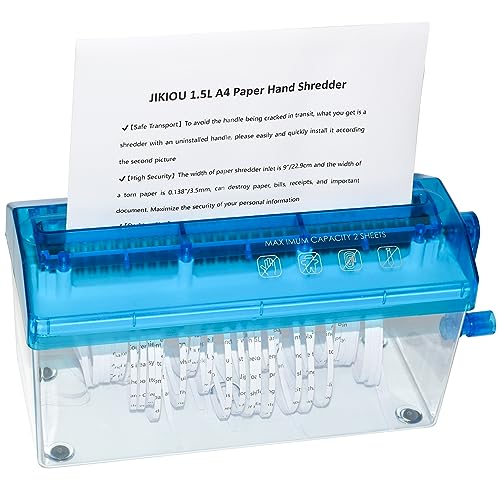 JIKIOU Standard A4 Paper Hand Shredder Portable for Office Home Blue | Affordable, Non-slip, Information High Security, Desktop Size, 1.5L Clear Plastic Window, No Power and Easy to Use for Gift - color: Standard Blue-A4