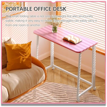 4NM 31.5" Mobile Small Folding Desk, Foldable Rolling Computer Home Office Desk, Study Writing Table for Small Space Saving Bedroom, with Wheels - Pink and White - color: Pink and White, size: 31.5"W x 15.7"D